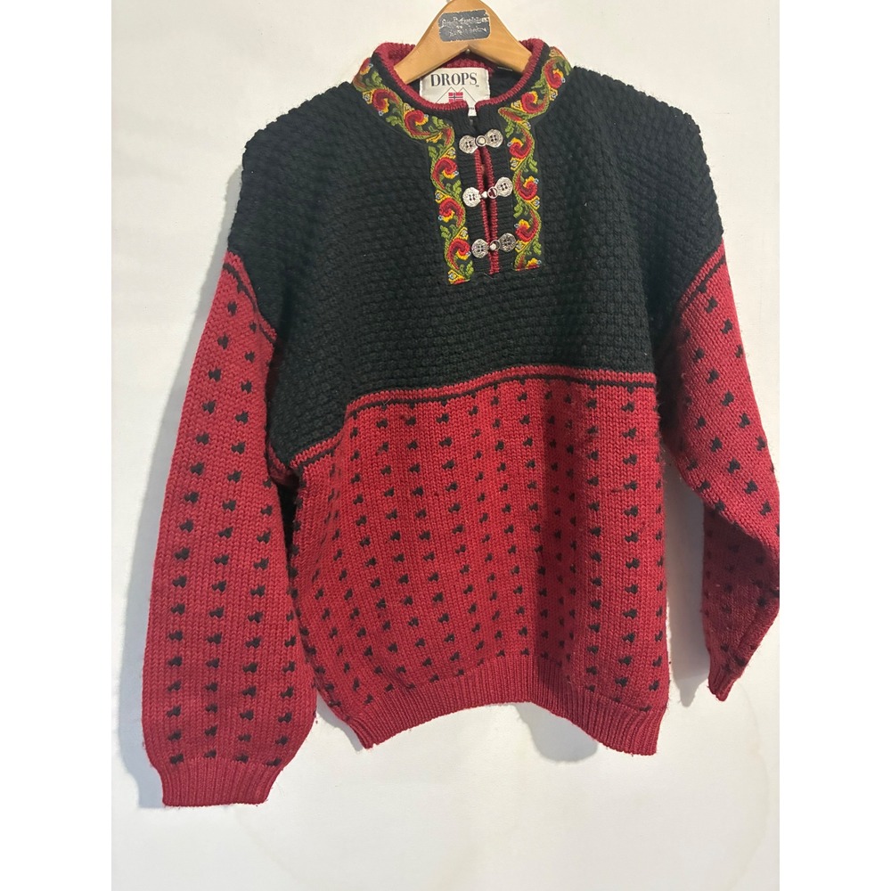 VTG Drops Original Knitwear Wool Nordic Sweater Red Black Pewter Clasps Womens M